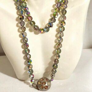 CELEBRITY NY Vintage Signed Aurora Borealis Glass Crystal Beads Clasp Necklace